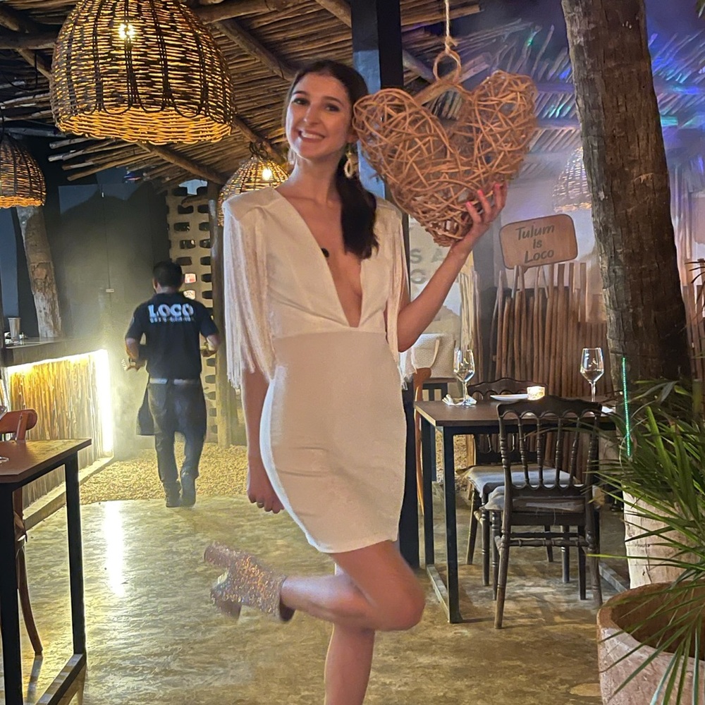 Deep V white fringe dress size small (2)